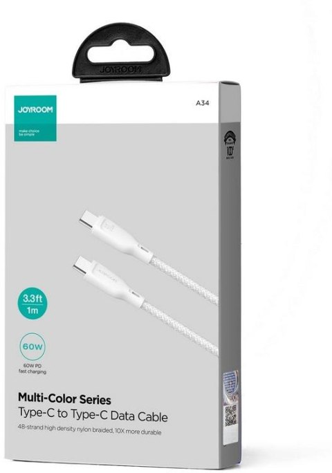 Kabel USB-C / USB-C Joyroom SA34-CC3 100cm 60W 5A PD w oplocie biały JOYROOM Kabel USB-C / USB-C Joyroom SA34-CC3 100cm 60W 5A PD w oplocie biały JOYROOM