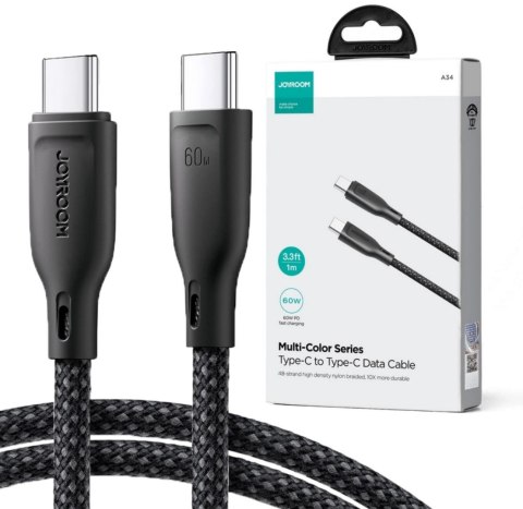 Kabel USB-C / USB-C Joyroom SA34-CC3 100cm 60W 5A PD w oplocie czarny JOYROOM Kabel USB-C / USB-C Joyroom SA34-CC3 100cm 60W 5A PD w oplocie czarny JOYROOM