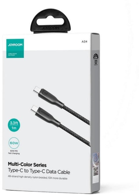 Kabel USB-C / USB-C Joyroom SA34-CC3 100cm 60W 5A PD w oplocie czarny JOYROOM Kabel USB-C / USB-C Joyroom SA34-CC3 100cm 60W 5A PD w oplocie czarny JOYROOM