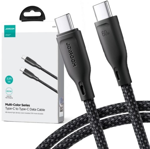 Kabel USB-C / USB-C Joyroom SA34-CC3 100cm 60W 5A PD w oplocie czarny JOYROOM Kabel USB-C / USB-C Joyroom SA34-CC3 100cm 60W 5A PD w oplocie czarny JOYROOM