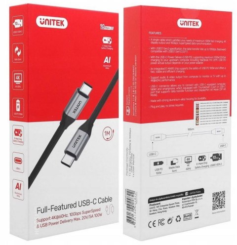 Przewód USB Unitek C14082ABK USB-C na USB-C 10Gbps 4K 60Hz 20V/5A UNITEK Przewód USB Unitek C14082ABK USB-C na USB-C 10Gbps 4K 60Hz 20V/5A UNITEK