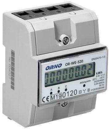 OR-WE-520 ORNO 3-fazowy licznik energii elektrycznej, 80A, MID, 3 moduły, DIN TH-35mm ORNO OR-WE-520 ORNO 3-fazowy licznik energii elektrycznej, 80A, MID, 3 moduły, DIN TH-35mm ORNO
