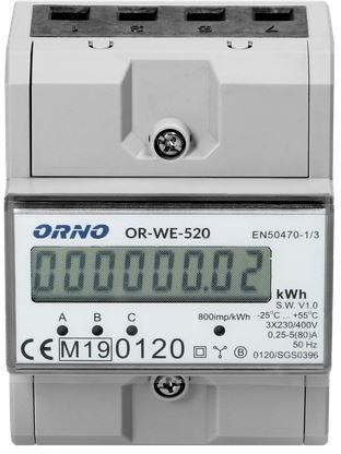 OR-WE-520 ORNO 3-fazowy licznik energii elektrycznej, 80A, MID, 3 moduły, DIN TH-35mm ORNO OR-WE-520 ORNO 3-fazowy licznik energii elektrycznej, 80A, MID, 3 moduły, DIN TH-35mm ORNO