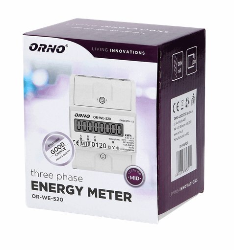OR-WE-520 ORNO 3-fazowy licznik energii elektrycznej, 80A, MID, 3 moduły, DIN TH-35mm ORNO OR-WE-520 ORNO 3-fazowy licznik energii elektrycznej, 80A, MID, 3 moduły, DIN TH-35mm ORNO