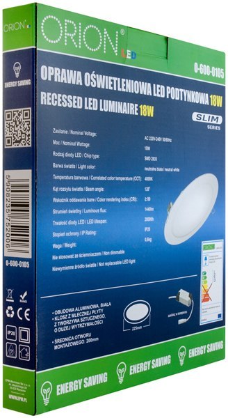 PANEL LED PODTYNKOWY OKRĄGŁY SLIM 18W, 1440LM, 225MM PANEL LED PODTYNKOWY OKRĄGŁY SLIM 18W, 1440LM, 225MM