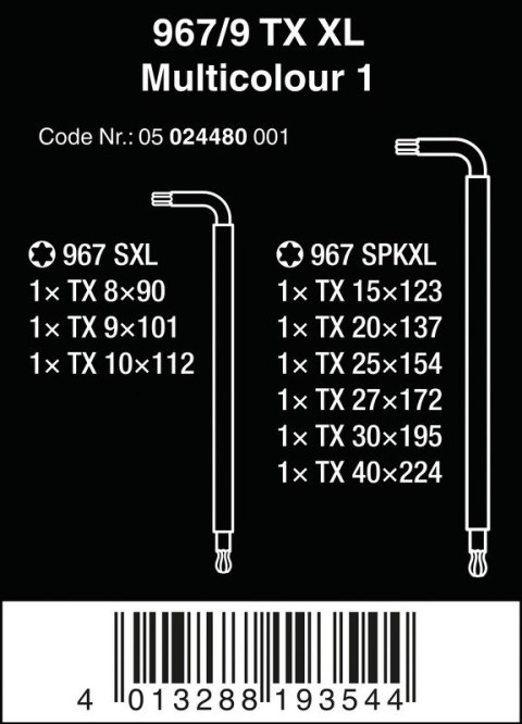 ZESTAW KLUCZY TRZPIENIOWYCH TORX 967/9 TX XL MULTIC TX8-TX40 ZESTAW KLUCZY TRZPIENIOWYCH TORX 967/9 TX XL MULTIC TX8-TX40