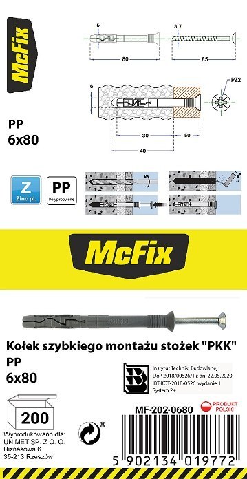 KOŁEK SZYBKI MONTAŻ STOŻEK PP 6*80MM KOŁEK SZYBKI MONTAŻ STOŻEK PP 6*80MM