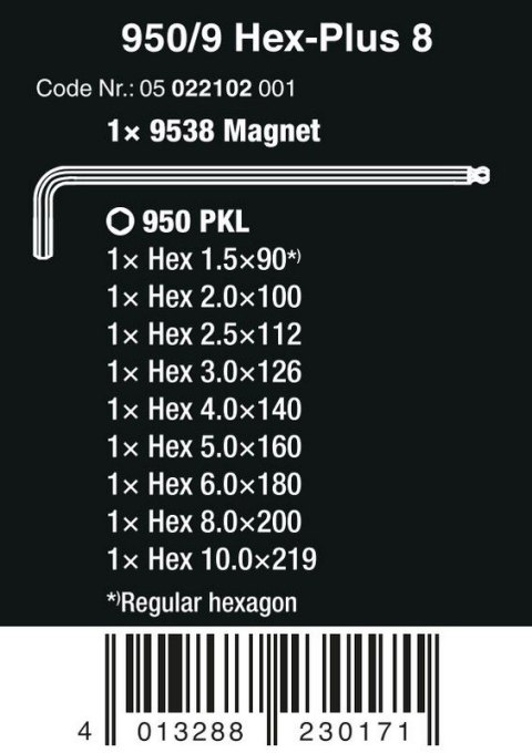 ZESTAW KLUCZY TRZPIENIOWYCH 950/9 HEX-PLUS 8, 9CZR