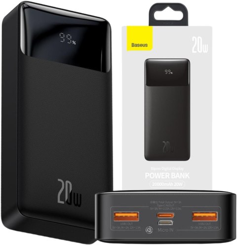 Powerbank Baseus Bipow Digital Display PPBD050501 20000mAh 20W PD QC 3.0 2x USB-A 1x USB-C + KABEL BASEUS Powerbank Baseus Bipow Digital Display PPBD050501 20000mAh 20W PD QC 3.0 2x USB-A 1x USB-C + KABEL BASEUS