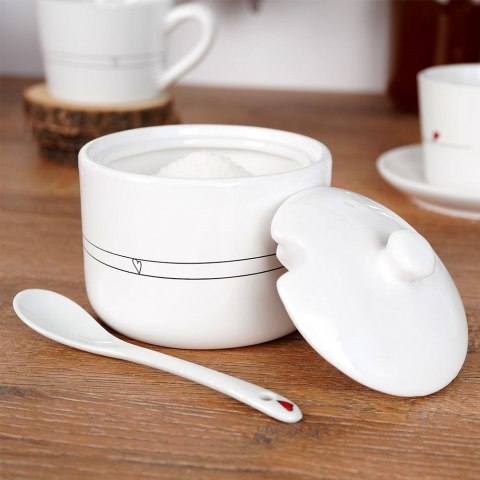 Cukierniczka z łyżeczką i pokrywką ceramiczna biała SERDUSZKA Cukierniczka z łyżeczką i pokrywką ceramiczna biała SERDUSZKA