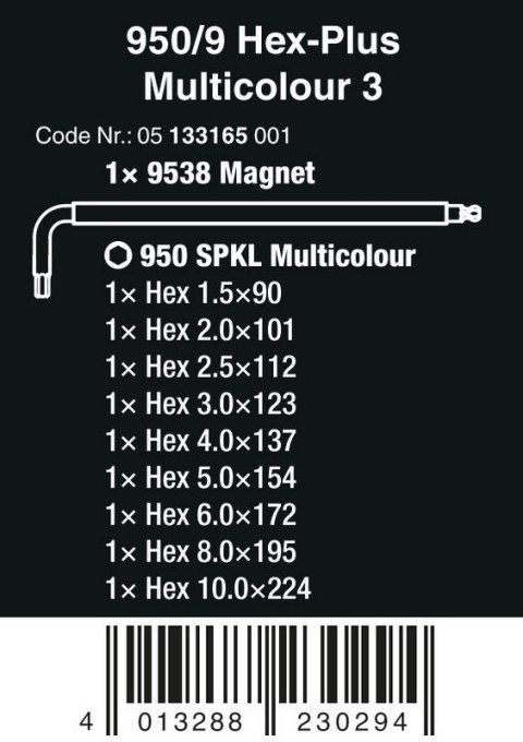 ZESTAW KLUCZY TRZPIENIOWYCH 950/9 HEX-PLUS MULTICOLOU 3 9CZR ZESTAW KLUCZY TRZPIENIOWYCH 950/9 HEX-PLUS MULTICOLOU 3 9CZR