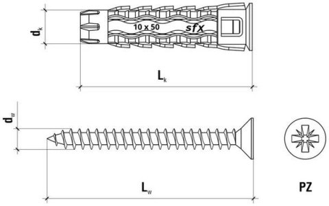 Kołek uniwersalny 10x50/70, wkręt z łbem stożkowym, karton (SFXP-10050070 x 50szt.) WKRĘT-MET Kołek uniwersalny 10x50/70, wkręt z łbem stożkowym, karton (SFXP-10050070 x 50szt.) WKRĘT-MET