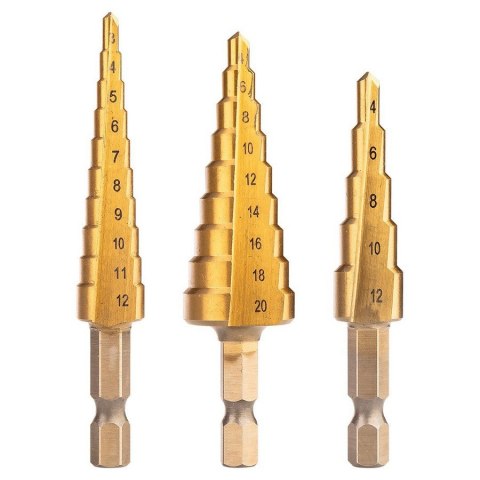 ZESTAW WIERTEŁ STOPNIOWYCH HSS TIN 3-20 MM HEX 3 SZT. ZESTAW WIERTEŁ STOPNIOWYCH HSS TIN 3-20 MM HEX 3 SZT.