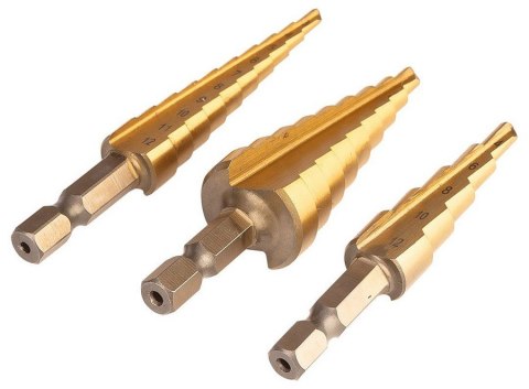 ZESTAW WIERTEŁ STOPNIOWYCH HSS TIN 3-20 MM HEX 3 SZT. ZESTAW WIERTEŁ STOPNIOWYCH HSS TIN 3-20 MM HEX 3 SZT.