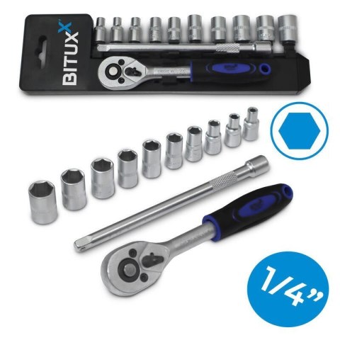 Grzechotka 1/4" + przedłużka 150mm + 10 nasadek sześciokątnych Bituxx Grzechotka 1/4" + przedłużka 150mm + 10 nasadek sześciokątnych Bituxx