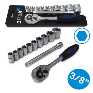 Grzechotka 3/8" + przedłużka 150mm + 10 nasadek sześciokątnych Bituxx