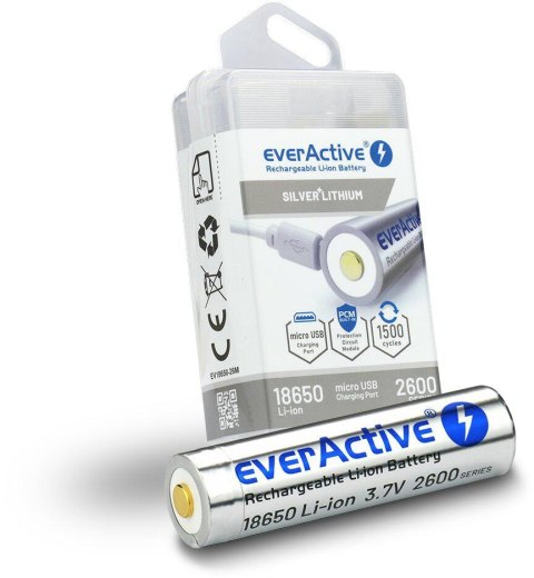 Akumulator 18650 Li-Ion 3,7V everActive 2600mAh (1 szt.) micro-USB z zabezpieczeniem EVERACTIVE Akumulator 18650 Li-Ion 3,7V everActive 2600mAh (1 szt.) micro-USB z zabezpieczeniem EVERACTIVE