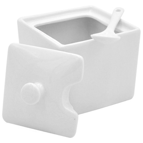 Cukiernica cukierniczka porcelanowa biała kwadratowa pojemnik na cukier z łyżeczką Cukiernica cukierniczka porcelanowa biała kwadratowa pojemnik na cukier z łyżeczką