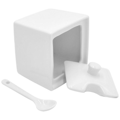 Cukiernica cukierniczka porcelanowa biała kwadratowa pojemnik na cukier z łyżeczką Cukiernica cukierniczka porcelanowa biała kwadratowa pojemnik na cukier z łyżeczką