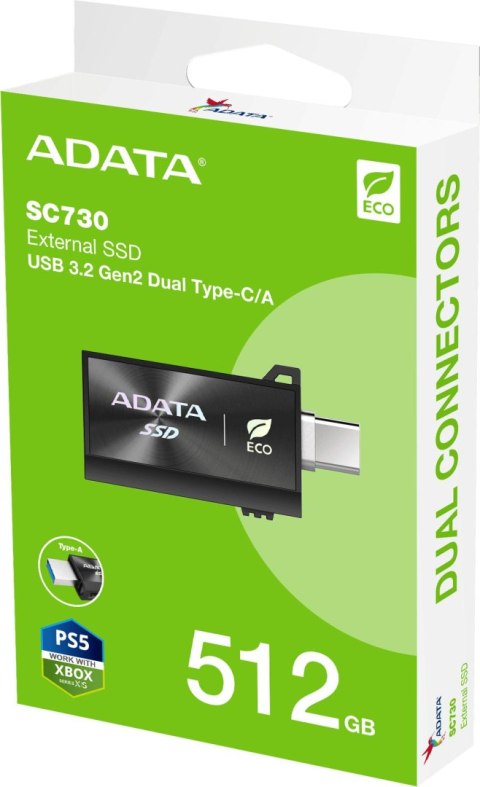 Adata Dysk Zewnętrzny SSD SC730 512G USB 3.2C/A 600/600MB/s czarny ADATA Adata Dysk Zewnętrzny SSD SC730 512G USB 3.2C/A 600/600MB/s czarny ADATA