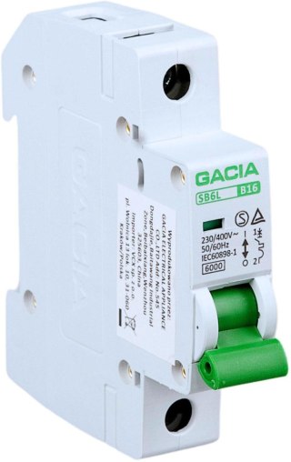 Wyłącznik nadmiarowoprądowy,6kA,B,1-pole,20A GACIA SB6L B 1P 20A GACIA