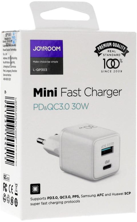 Ładowarka sieciowa Joyroom L-QP303 30W PD 3.0 QC 3.0 1x USB-C biała Ładowarka sieciowa Joyroom L-QP303 30W PD 3.0 QC 3.0 1x USB-C biała