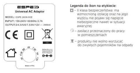 ZASILACZ WTYCZKOWY 3-12V 2A 1m. 3V 4,5V 5V 6V 7,5V 9V 12VDC REGULOWANY ESPE ZASILACZ WTYCZKOWY 3-12V 2A 1m. 3V 4,5V 5V 6V 7,5V 9V 12VDC REGULOWANY ESPE