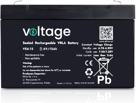 Akumulator AGM Voltage 6V 12Ah VE6-12 Akumulator AGM Voltage 6V 12Ah VE6-12