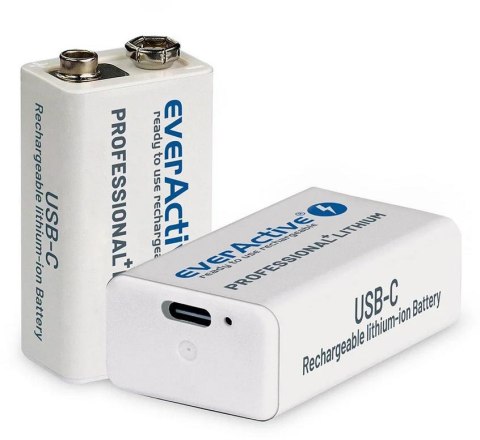 Akumulatorek 6F22 Li-Ion everActive 9V 550mAh z gniazdem USB-C Akumulatorek 6F22 Li-Ion everActive 9V 550mAh z gniazdem USB-C