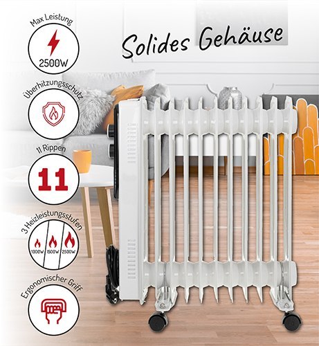 ELEKTRYCZNY GRZEJNIK OLEJOWY 2500W, 11 ŻEBEREK Z REGULACJĄ MOCY NA KÓŁKACH
