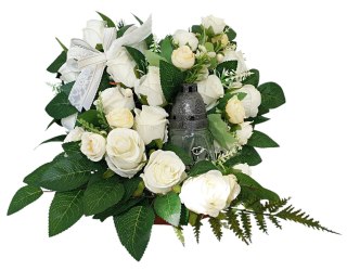 STROIK SERCE Z BIAŁYCH RÓŻ + ZNICZ NA WSZYSTKICH ŚWIĘTYCH ROZMIAR : 28cm