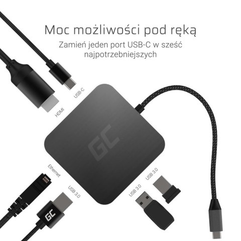 Green Cell - Adapter, Przejściówka, HUB USB-C 6w1 (USB 3.0 HDMI Ethernet USB-C) Green Cell - Adapter, Przejściówka, HUB USB-C 6w1 (USB 3.0 HDMI Ethernet USB-C)