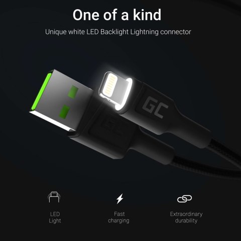Green Cell Ray - Kabel Przewód USB - Lightning 120cm z białym podświetleniem LED, szybkie ładowanie Apple 2.4A Green Cell Ray - Kabel Przewód USB - Lightning 120cm z białym podświetleniem LED, szybkie ładowanie Apple 2.4A