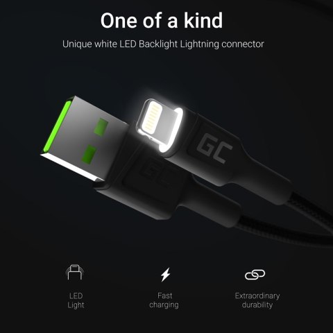 Green Cell Ray - Kabel Przewód USB - Lightning 200cm z białym podświetleniem LED, szybkie ładowanie Apple 2.4A Green Cell Ray - Kabel Przewód USB - Lightning 200cm z białym podświetleniem LED, szybkie ładowanie Apple 2.4A