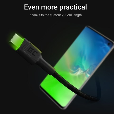 Green Cell Ray - Kabel Przewód USB - USB-C 200cm z zielonym podświetleniem LED, szybkie ładowanie Ultra Charge, QC 3.0 Green Cell Ray - Kabel Przewód USB - USB-C 200cm z zielonym podświetleniem LED, szybkie ładowanie Ultra Charge, QC 3.0