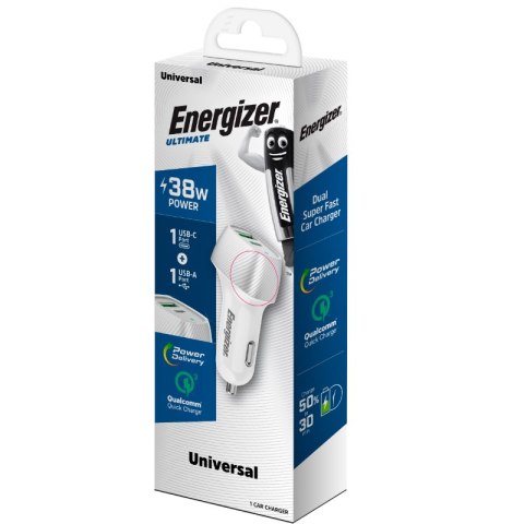 Energizer Ultimate - Ładowarka samochodowa USB-C & USB-A 38W PD + QC3.0 (Biały / Srebrny) Energizer Ultimate - Ładowarka samochodowa USB-C & USB-A 38W PD + QC3.0 (Biały / Srebrny)
