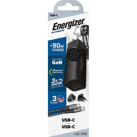 Energizer Ultimate - Ładowarka sieciowa Multiplug EU / UK / US GaN USB-C & USB-A 90W PD + Kabel USB-C (Czarny) Energizer Ultimate - Ładowarka sieciowa Multiplug EU / UK / US GaN USB-C & USB-A 90W PD + Kabel USB-C (Czarny)