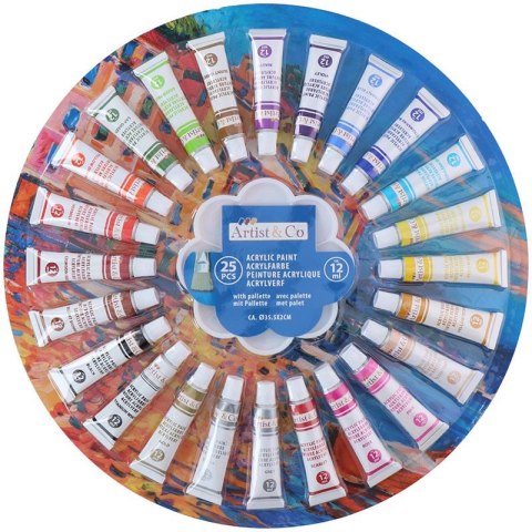 Artist & Co - Zestaw farb akrylowych w tubkach 12 ml 25 kolorów Artist & Co - Zestaw farb akrylowych w tubkach 12 ml 25 kolorów