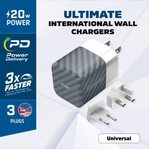 Energizer Ultimate - Ładowarka sieciowa Multiplug EU / UK / US GaN USB-C 20W PD (Srebrny) Energizer Ultimate - Ładowarka sieciowa Multiplug EU / UK / US GaN USB-C 20W PD (Srebrny)