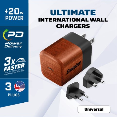 Energizer Ultimate - Ładowarka sieciowa Multiplug EU / UK / US GaN USB-C 20W PD (Walnut burl) Energizer Ultimate - Ładowarka sieciowa Multiplug EU / UK / US GaN USB-C 20W PD (Walnut burl)