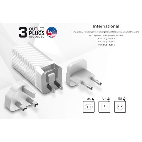 Energizer Ultimate - Ładowarka sieciowa Multiplug EU / UK / US GaN USB-C & USB-A 65W PD + Kabel USB-C (Czarny) Energizer Ultimate - Ładowarka sieciowa Multiplug EU / UK / US GaN USB-C & USB-A 65W PD + Kabel USB-C (Czarny)